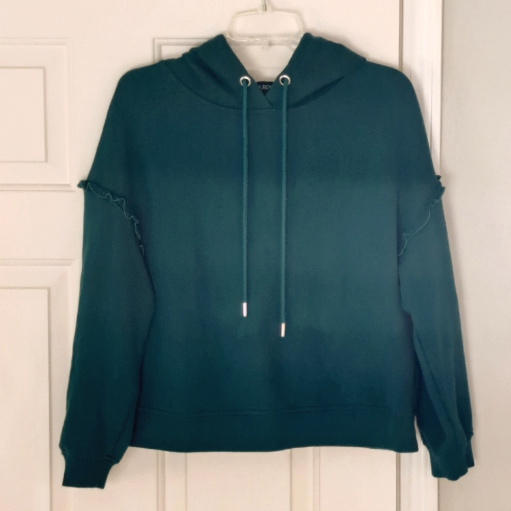 Cynthia Rowley ruffle teal green hooded crop sweatshirt. Sz L.